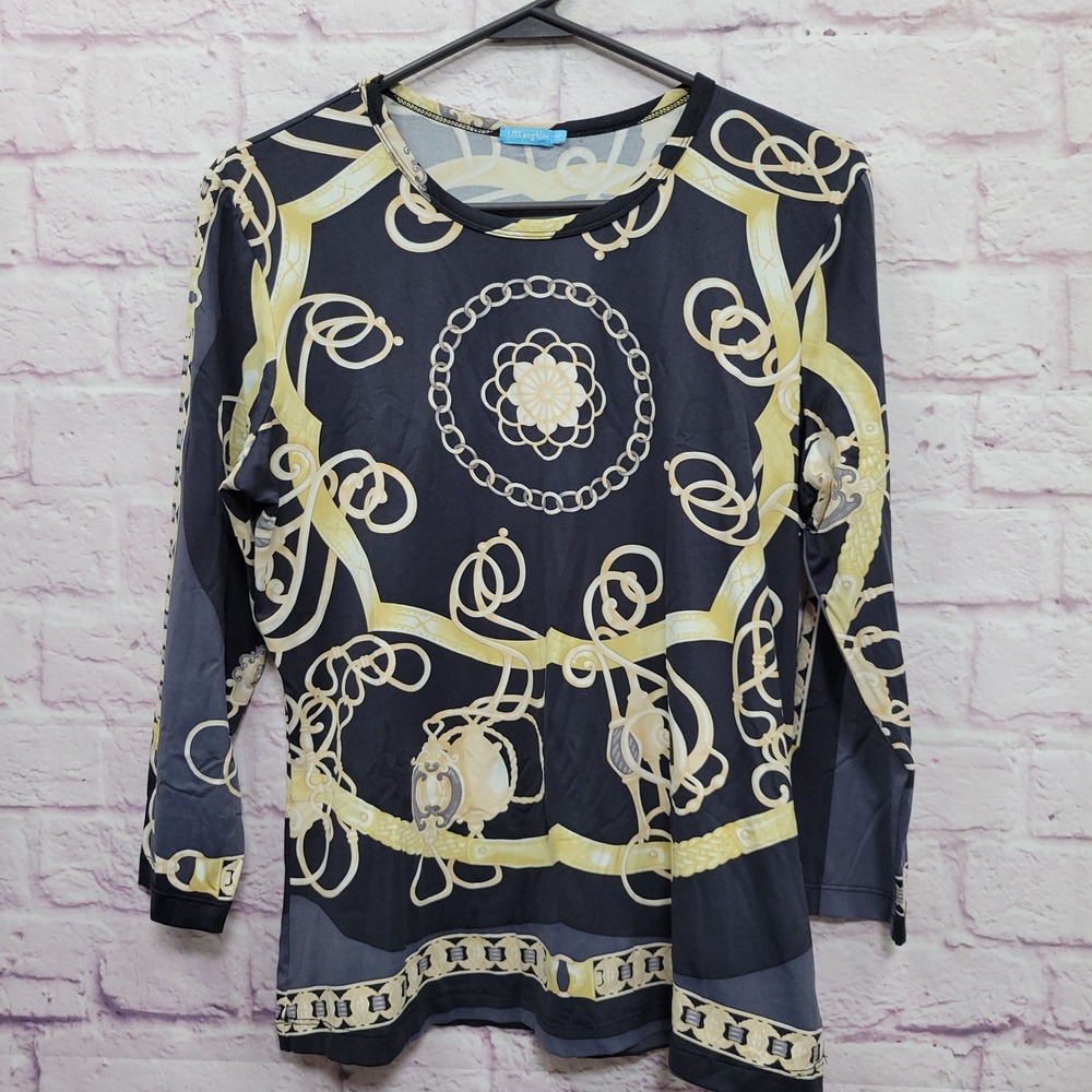 J McLaughlin Black Gold Chain Print Blouse M 3/4 Sleeve Equestrian Old Money